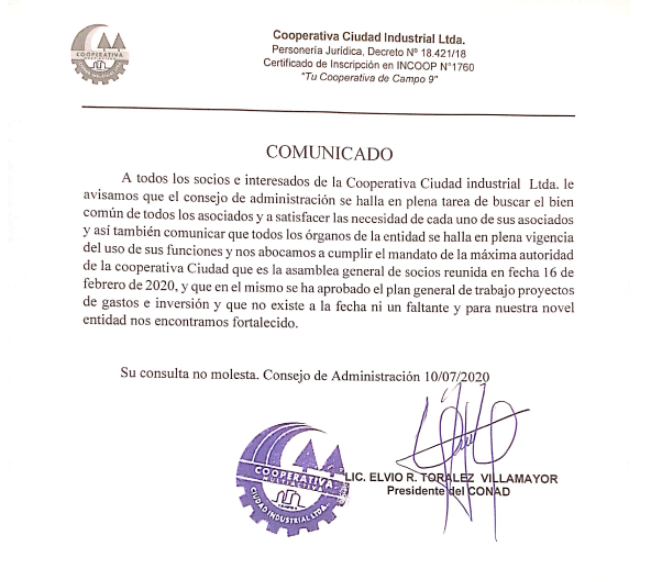 Comunicado a la todos los socios y la opinión pública